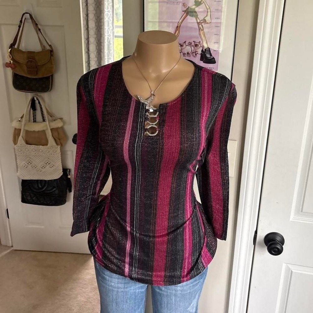 y2k 2000s striped metallic detail long sleeve top